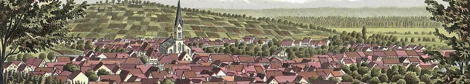 Detail from a historical Ihringen postcard showing an illustrated view of the town from the heights of a vineyard through a clearing between trees. The town church is the most dominant structure in the town, while the much smaller, since-destroyed synagogue is visible directly to the right of the church. Behind the town's furthest houses, rolling hills hold more vineyards and trees.